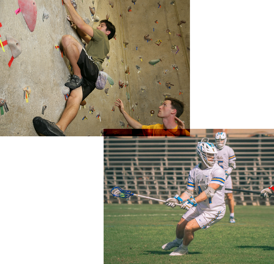 A collage of people climbing, and people playing lacrosse